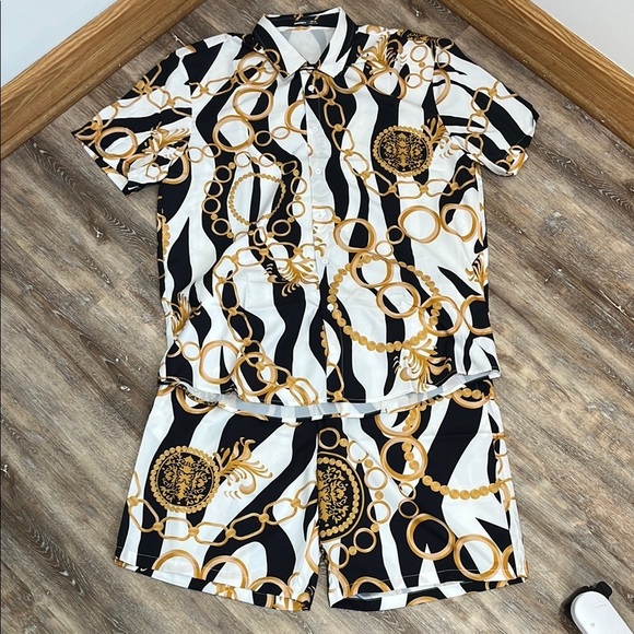 Shein Manfinity Chain Print Shirt & Short Set Men's XXL Equestrian Luxury Style - Picture 13 of 14